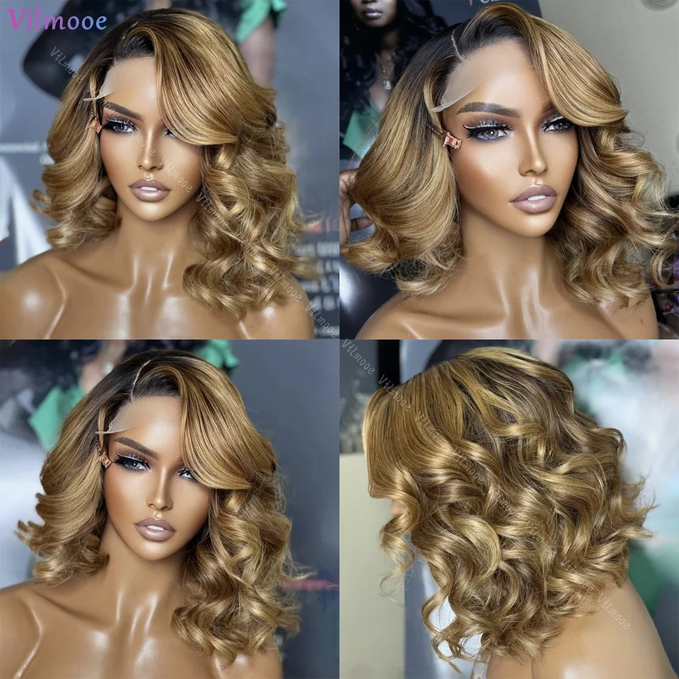 

Short Bob Wave Human Hair Ombre Highight Honey Blonde Highlights 13x4 Lace Frontal Wigs Remy Hair Wavy 150% 5x5 Silk Top Wigs