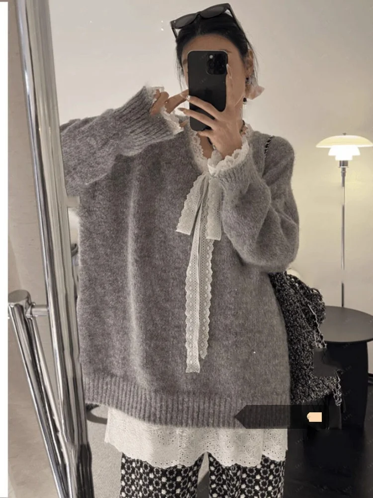 

Ay Long Sve вязаный свитер с кружевной строчкой и узлом, свободный повседневный зимний топ для женщин, удобный трикотаж