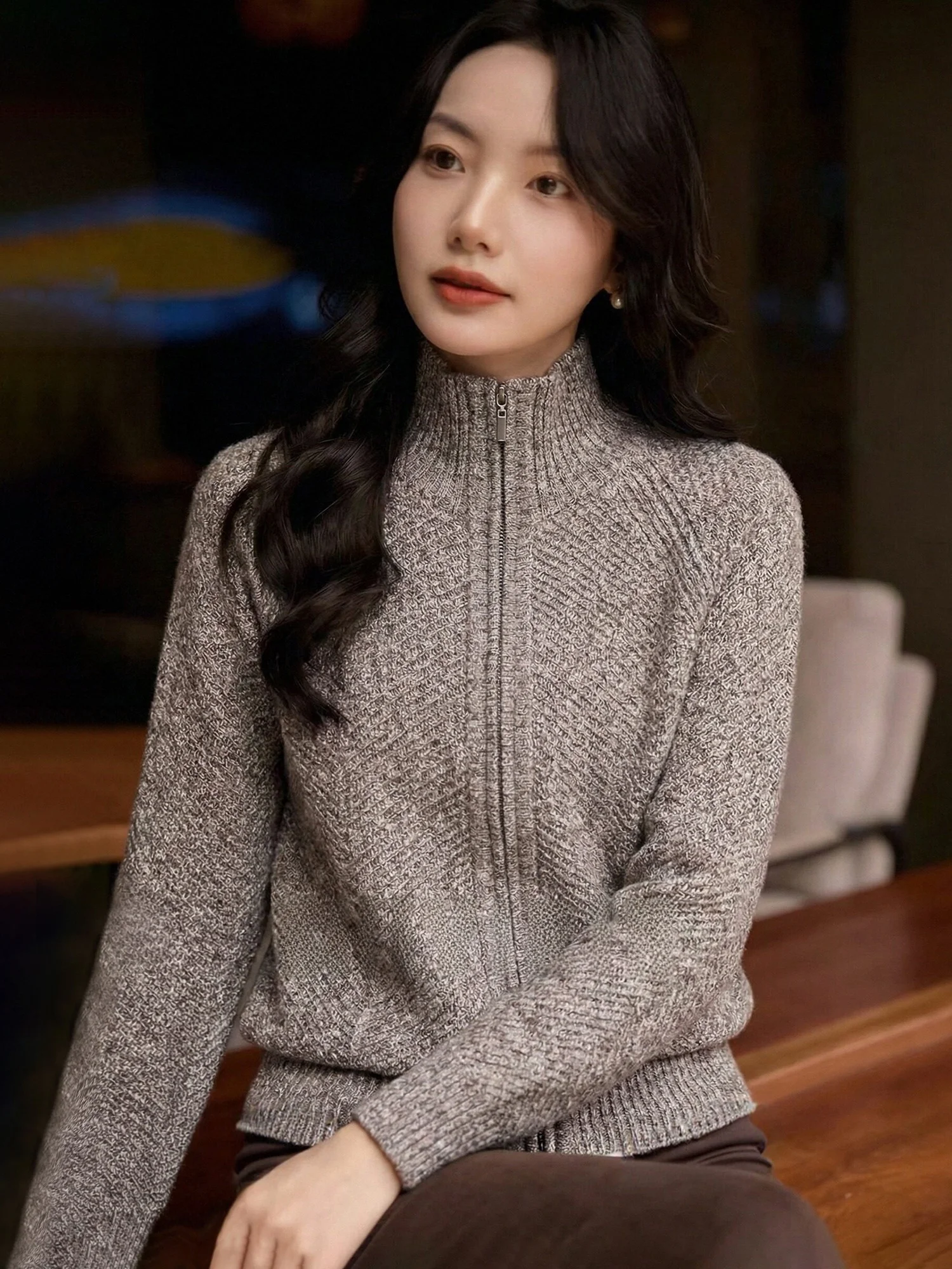 

Женский вязаный шерстяной кардиган на молнии с длинными рукавами, свитер-пальто для отдыха, с воротником-стойкой, осень-зима 2026, новинка