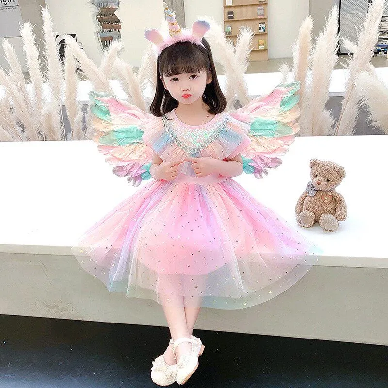 

Spring Summer Princess Dress Girls Halloween Rainbow Skirt with Wings Puffy Tulle Unicorn Performance Costume Children's Clot...
