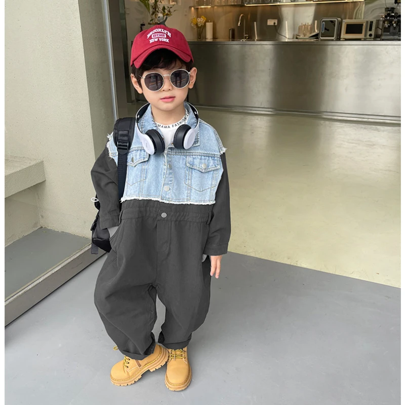 Korean Kids Denim Jumpsuit Long Sleeve Fashion Overalls for Children Autumn New One Piece Clothing Romper Baby Girl Boy Bodysuit