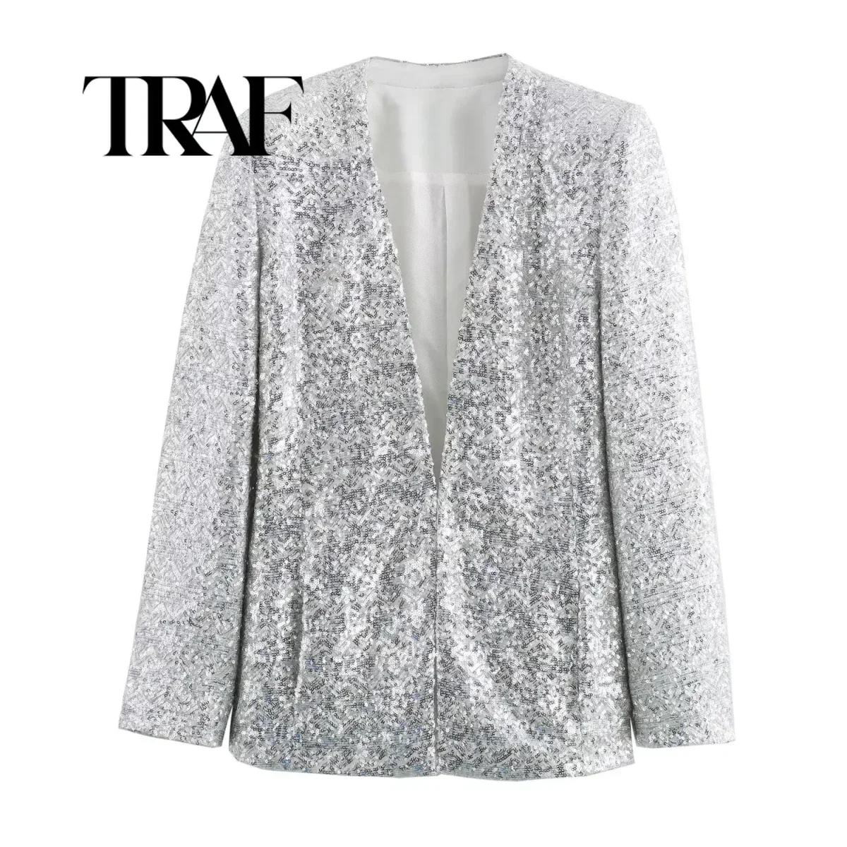 

TRAF Women Chic Long Sleeves Silver Sequins Blazers Coat Female Loose V-Neck Pocket Slim Casual Jacket Top Streetwear 2879/482