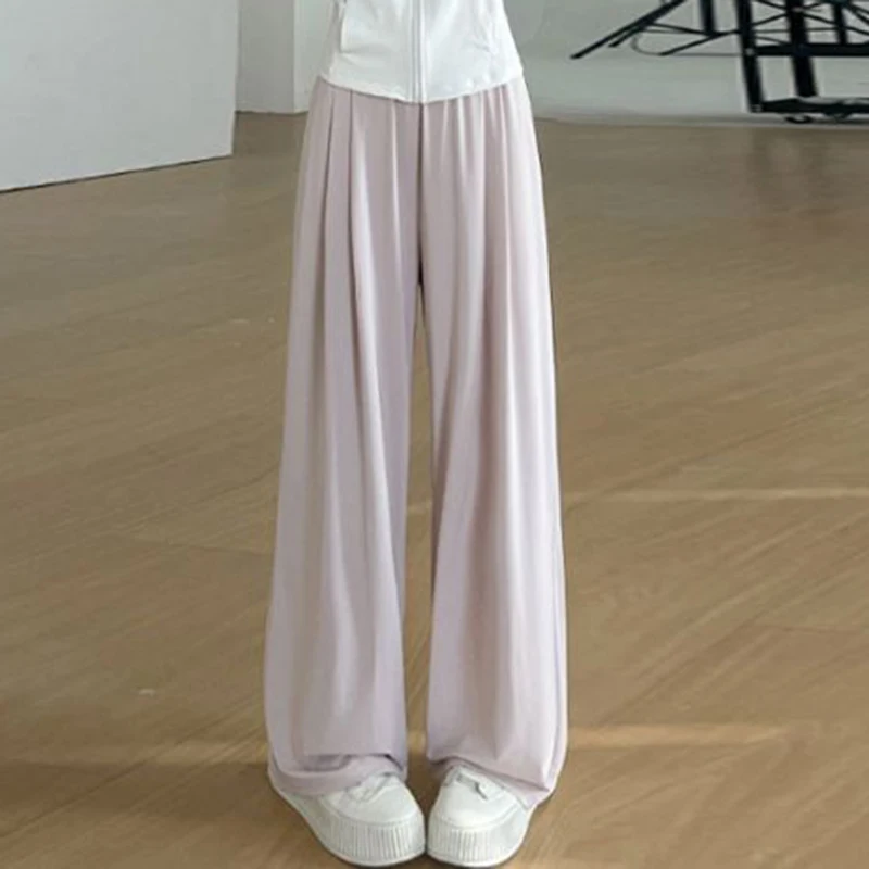 Pantaloni lunghi casual da donna in seta di ghiaccio di vendita calda Pantaloni classici larghi a vita alta da donna Pantaloni casual solidi alla moda