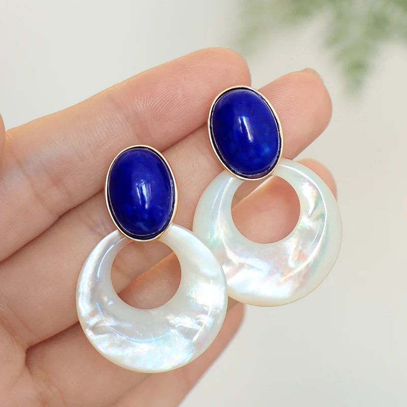 Vintage Sweet New in Pink earrings for women Silver inlaid Lapis Lazuli Artificial Fritillaria Light Luxury Wedding Jewelry image 3