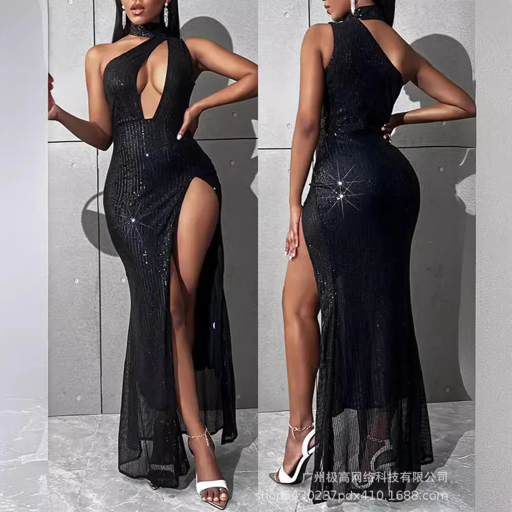 

Women's Clothing New Summer Popular Black Paillette Sexy Halter Tight High Slit Dress High Waist Sleeveless Dress