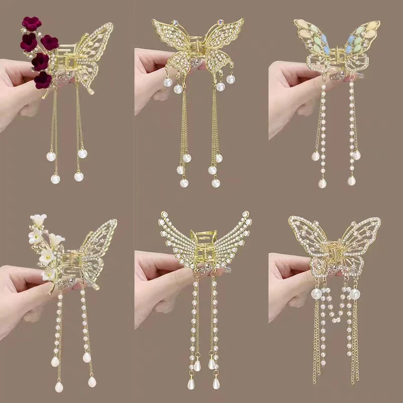 Requintado Rhinestone Borboleta Franja Garra De Cabelo para Meninas, Clipes De Rabo De Cavalo, Pérola De Cabelo, Pérola De Metal Headdress, Coreano Hairpin, Novo Presente