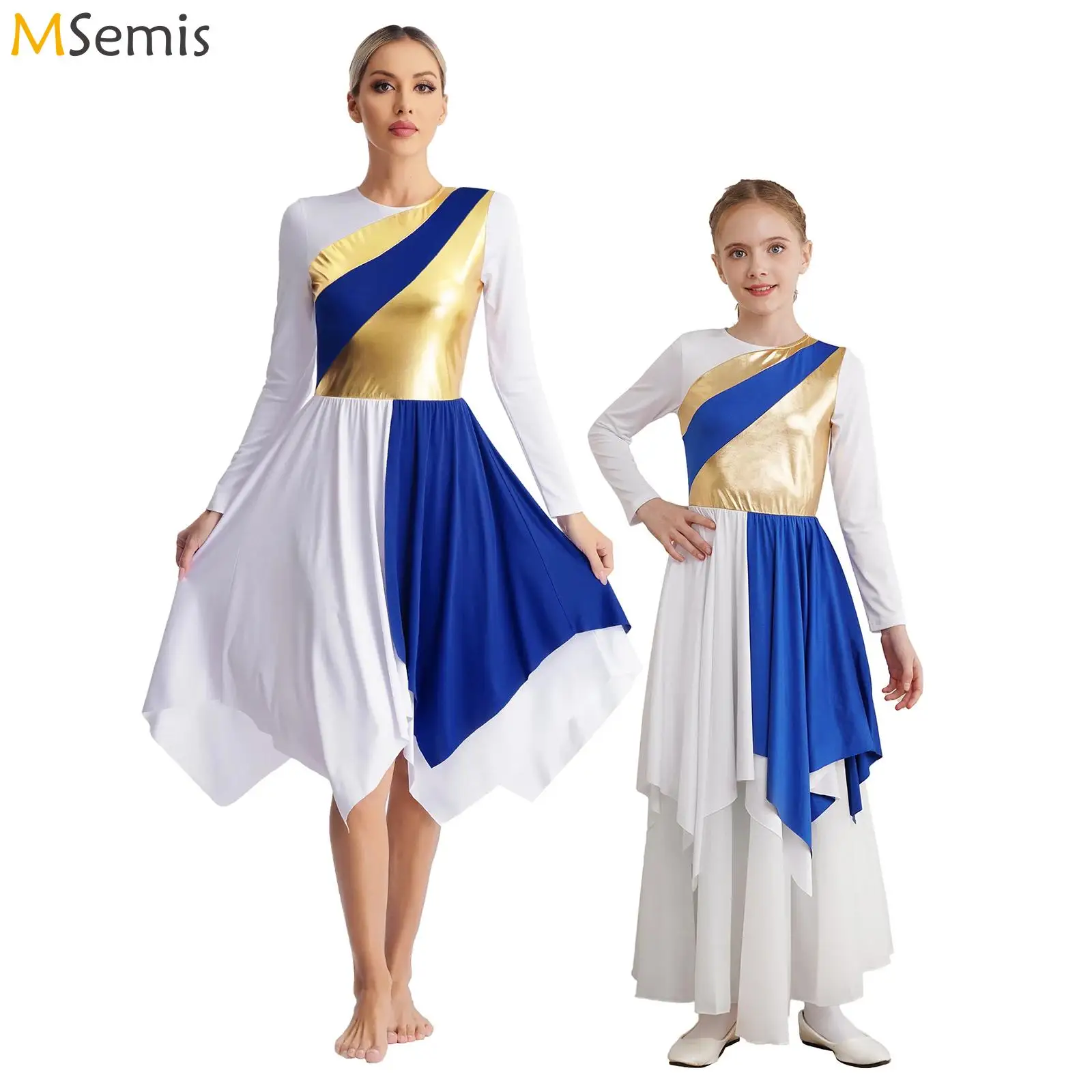 Womens Liturgical Praise Dance Worship Long Sleeve Dress Metallic Gold Color Block Loose Fit Lyrical Praisewear Church Dancewear