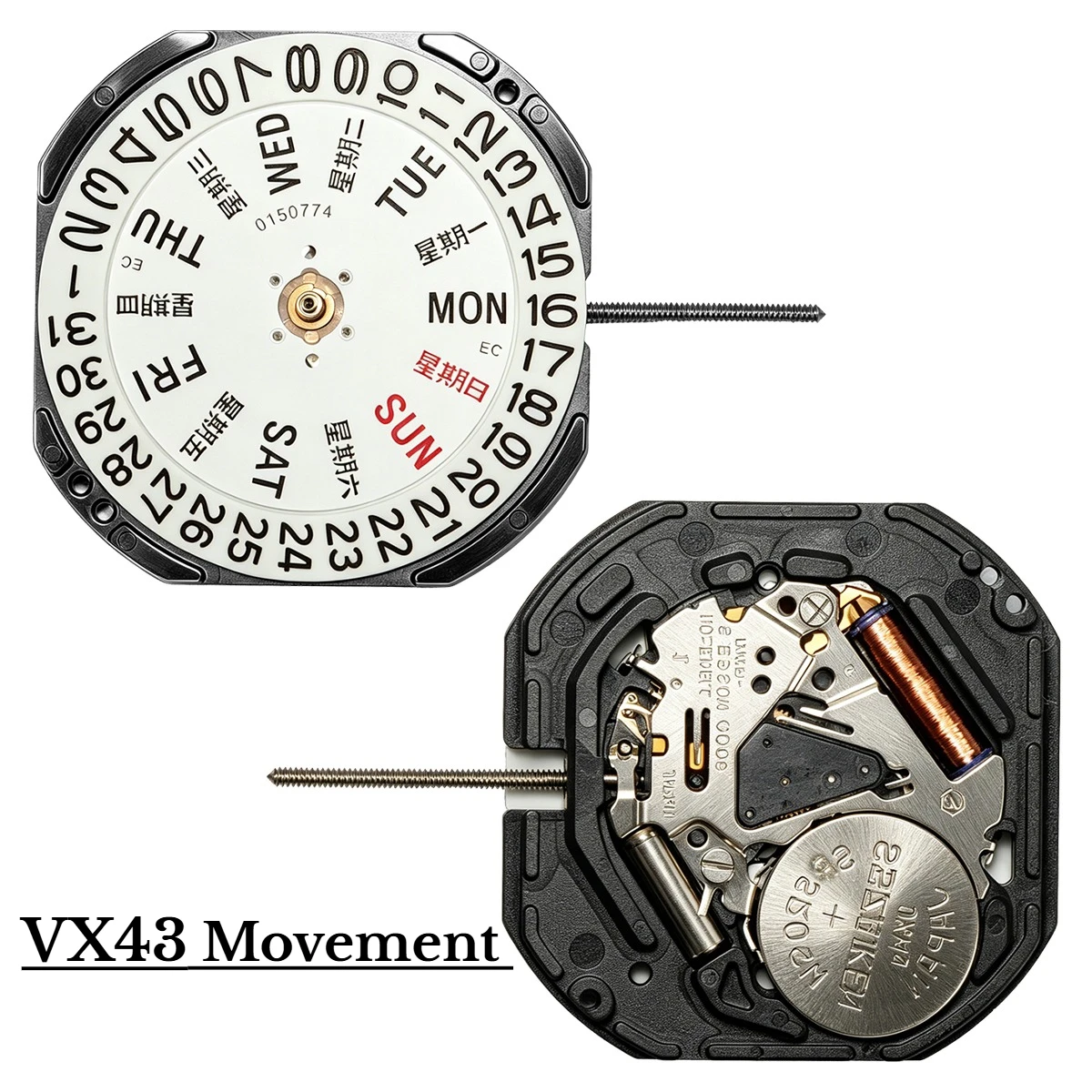 Für Epson VX43 Uhrwerk mit Datums- und Kalenderanzeige Japanisches Uhrwerk VX43E Drei-Zeiger-Kalender Metall-Quarzwerk