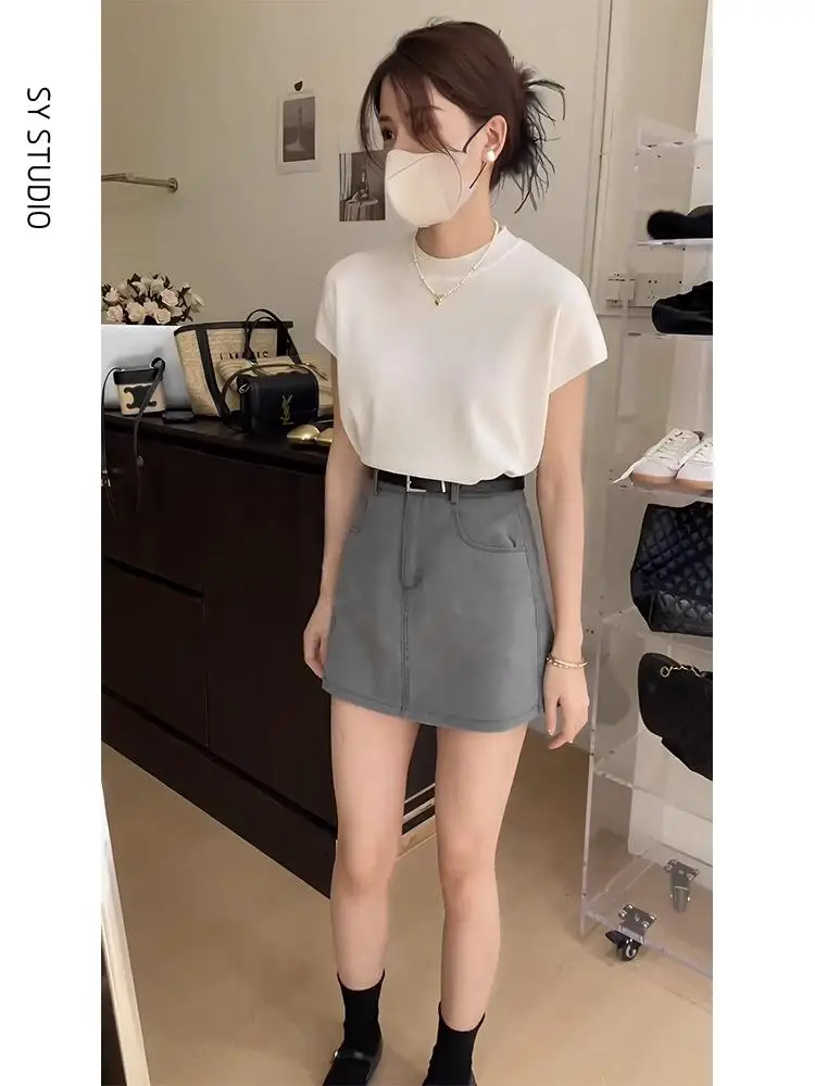 

Slimming Knitted Top And High Waist A-Line Skirt Two-Piece Set for Petite Women Fashionable Versatile Summer Outfit