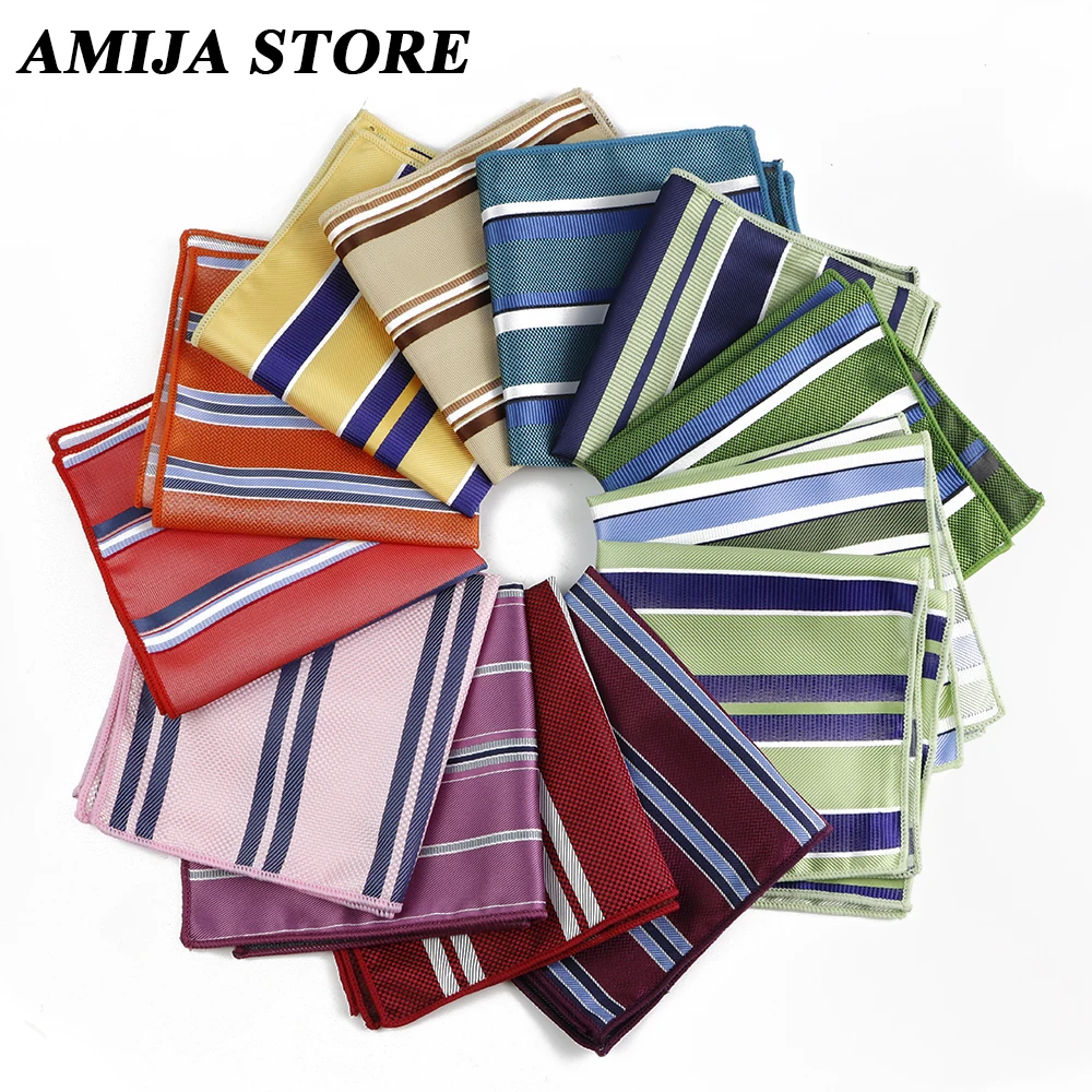 Men's Striped Pocket Square Sage Green Red Handkerchief Polyester Hanky Formal Towel Party Pocket Square Suit Shirt Accessories