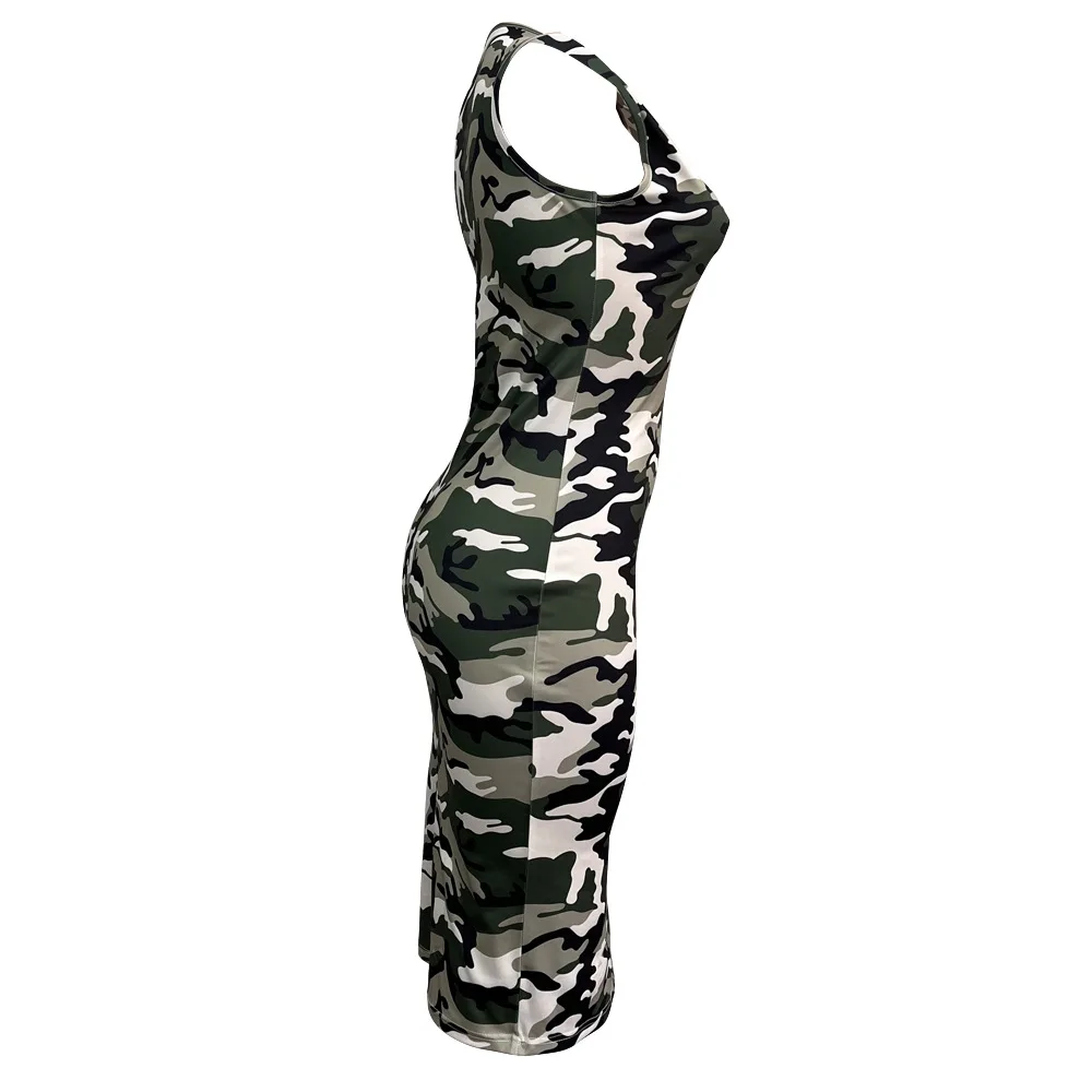 Vestidos femininos vestido estampado camo em torno do pescoço na altura do joelho sem mangas cintura cinched leve estiramento fino ajuste casual escritório 2025 verão