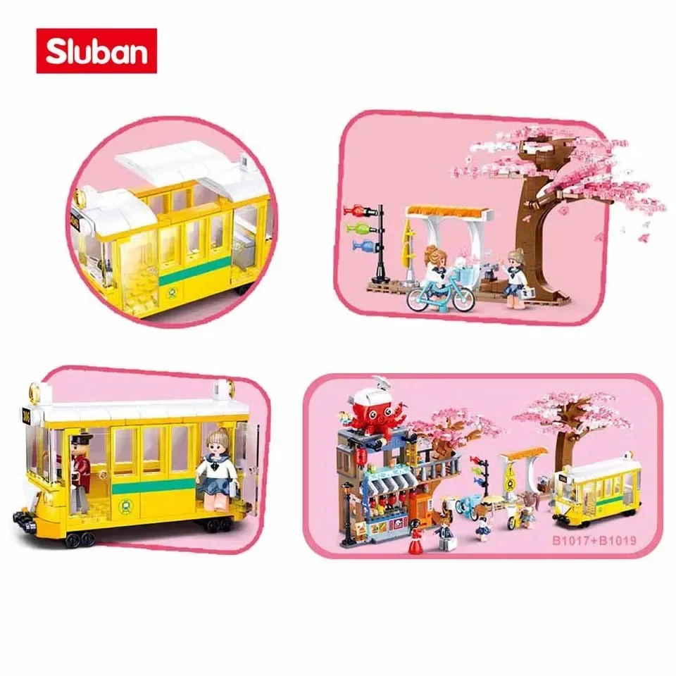 347 pièces Sakura arbre Tram Station blocs de construction Bus Train plate-forme ville vue modèle briques ensemble avec figurines enfants bricolage jouets cadeaux