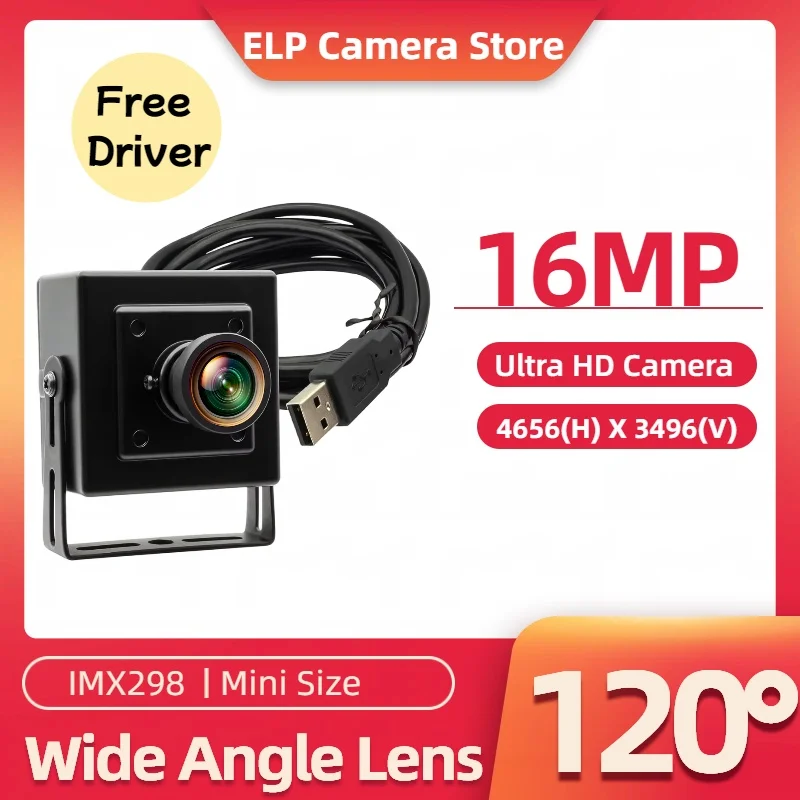 ELP 16MP Ultra HD Wide Angle USB Camera with 120degree Lens CMOS IMX298 color Sensor 4K Mini Webcam for Security Surveillance