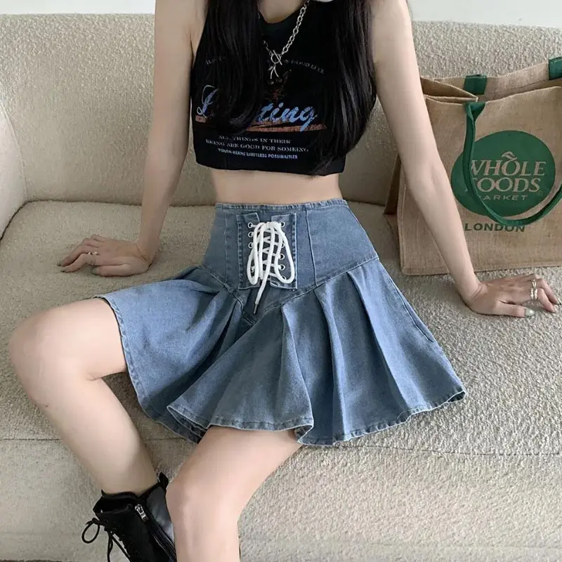 Bandage Denim Mini Skirt for Women Summer Fashion French Style  A-line Pleated Shorts Skirt Blue Vintage Clothing Y2k