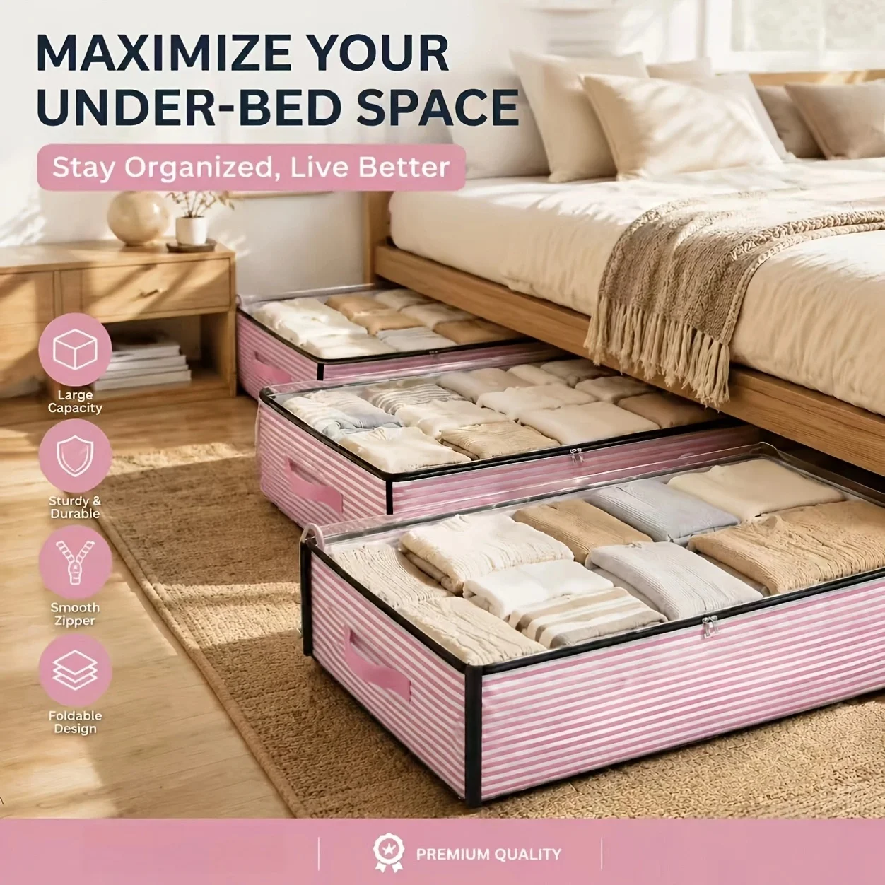 Set of 3 Pink Striped Under-Bed Wardrobe Storage and Organizer Bags, Featuring Excellent Functionality and Multiple Uses
