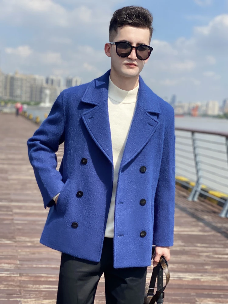 Trench Wool Coat Men\'s Double breasted Short Thickened Liner Neck Protection Warm keeping New Blue Coat