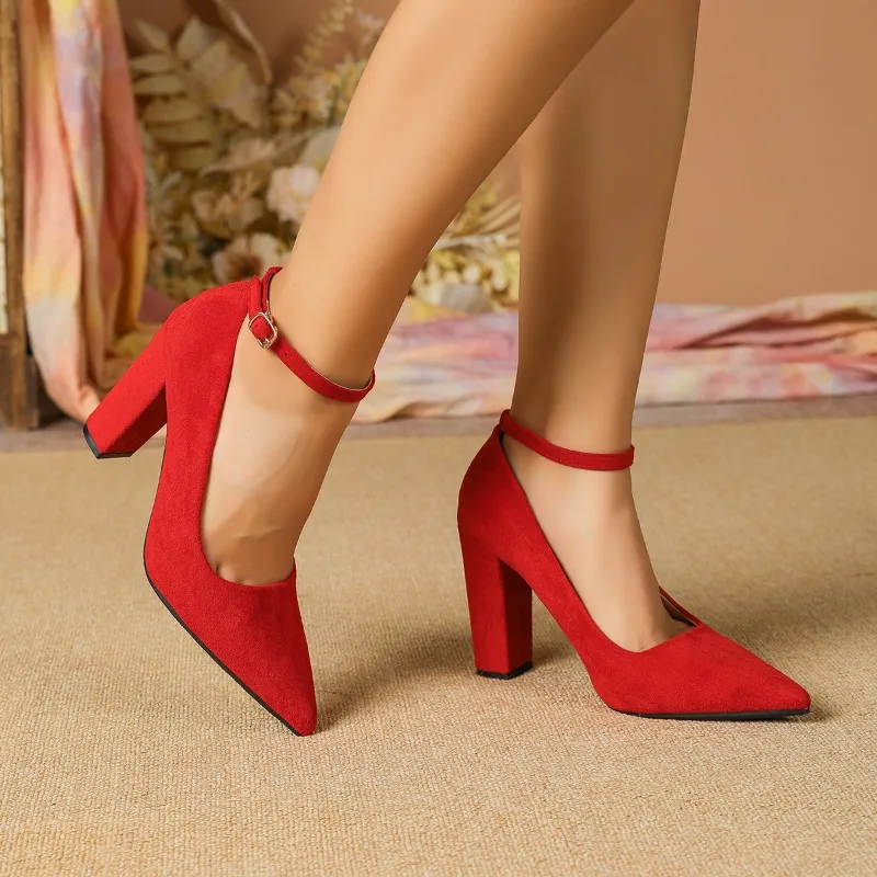 

Baotou Sandals Block Heel High Heels Plus Size Women's Shoes Spring and Summer One Buckle Pointed Toe