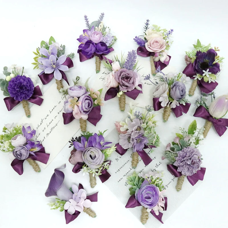 

1pc Purple Wedding Boutonnieres Marriage Prom Accessories Floral Wrist Corsage Bracelets Rose Bridesmaid Groom Hand Flowers