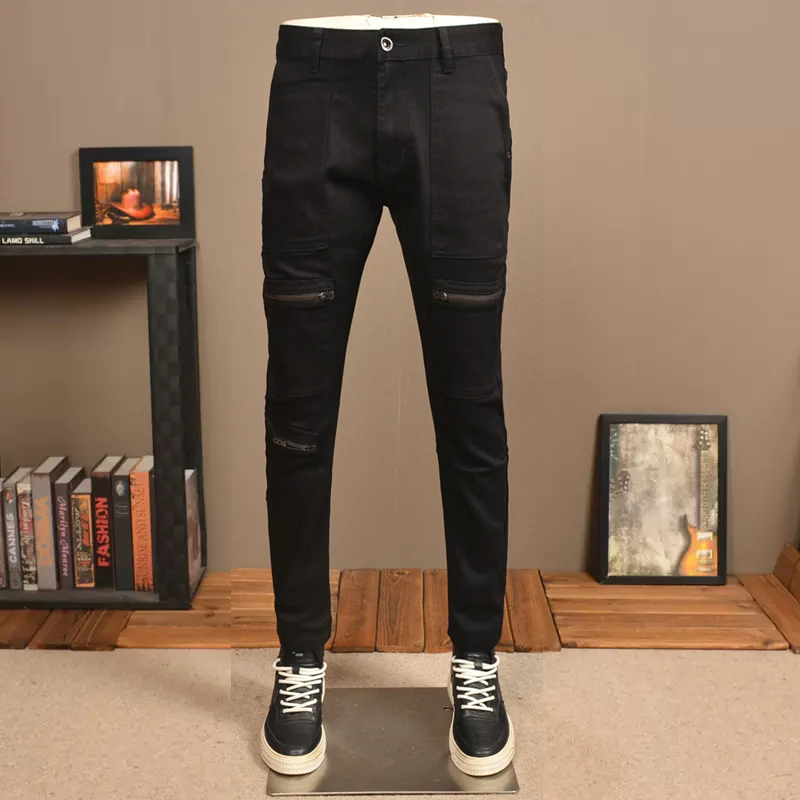 Jeans da uomo di moda di strada Jeans strappati Skinny elasticizzati neri da uomo con tasca con cerniera Designer pantaloni a matita in Denim Hip Hop Hombre