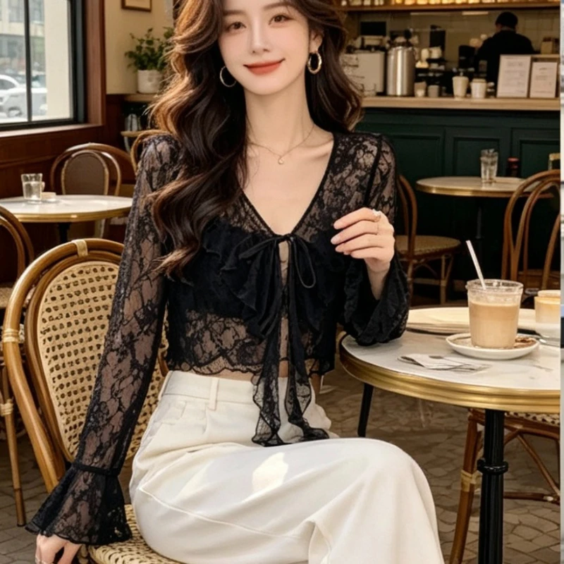 Summer Sweet Women's Bell Sleeve Lace Blouse Sun Protection Sheer Cardigan Korean Style Ruffled V Neck Elegant Top