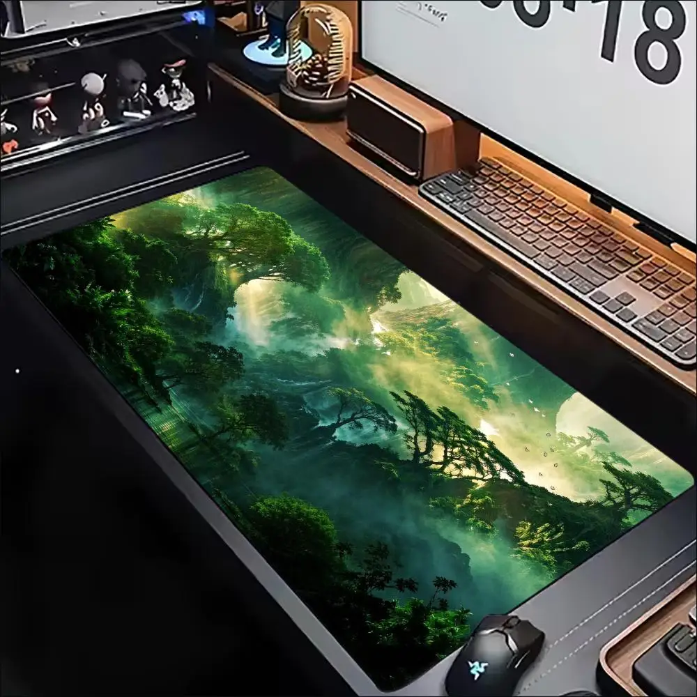 Fantasy Green Forest Mist Sunlight Mouse Pad Non Slip Rubber Base Waterproof Stitched Edge Gaming Desk Mat XXL for PC Laptop