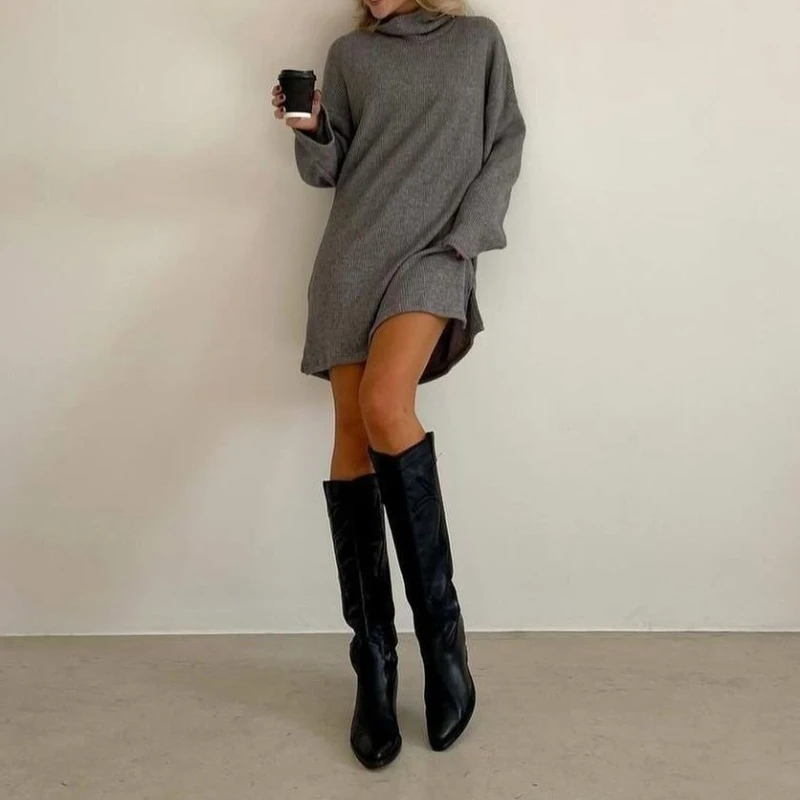 

Spring and Autumn 2025 Split Loose Knit Pullover Solid Color Semi-high Collar Long Sleeve Short Dress