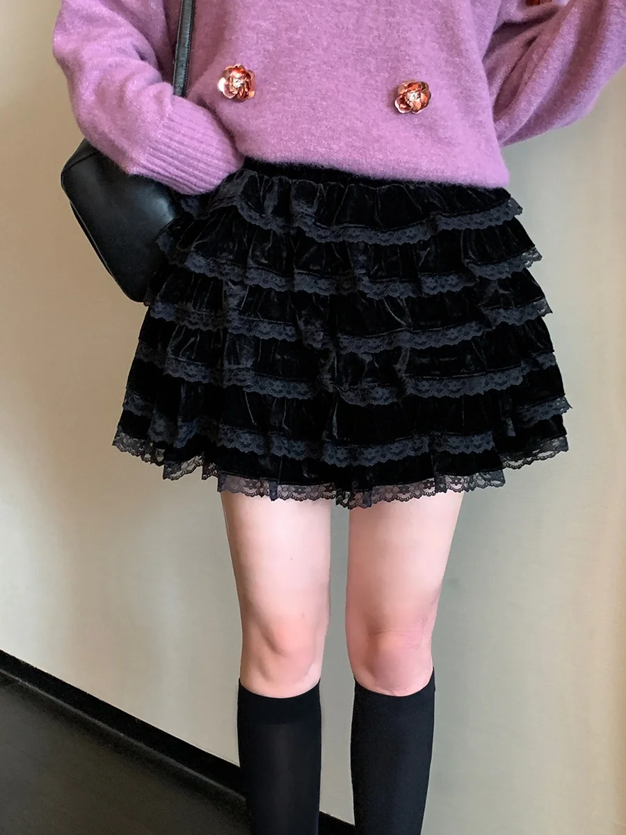 

Fairy T ort Puffy Skirt Lace Patchwork f-length Girls Sle Heavy Work Velvet Ballet Aesthetic by Yang Xiaolian