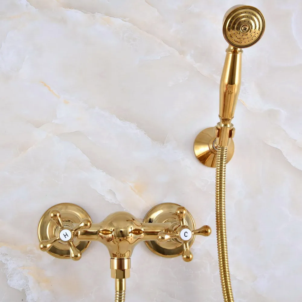 

Luxury Gold Color Brass Dual Cross Handles Wall Mounted Bathroom Hand Held Shower Faucet Set Bath Mixer Tap ana974