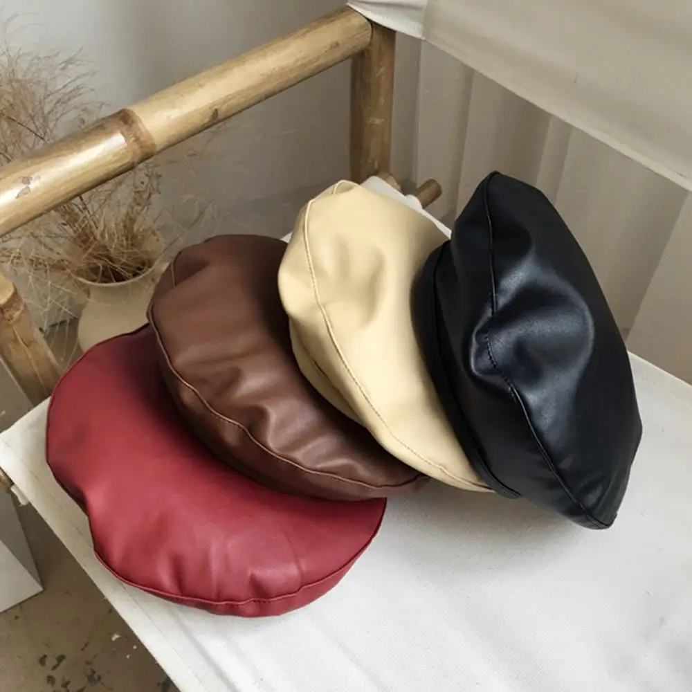 

Autumn Winter Lady Berets Women Girl Beret Hat French Retro Artist Beanie Hat Elegant Solid Color PU Leather Lady Painter Cap