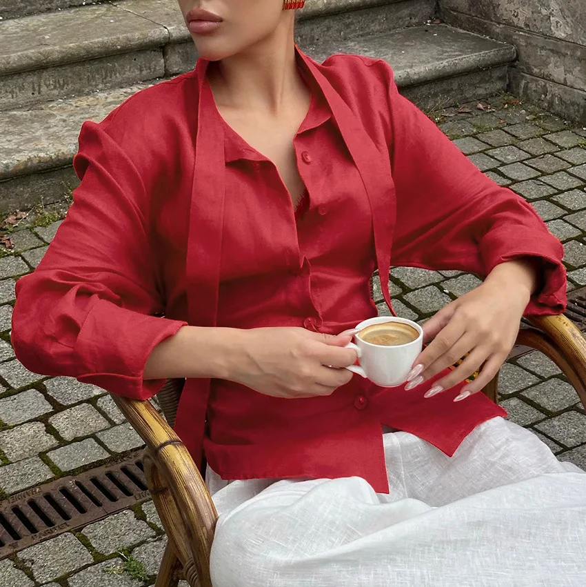 2026 Spring/Summer New Lace Up Waist Cotton and Hemp Ribbon Shirt for Women, with a Stylish and Elegant Design Suitable for Com