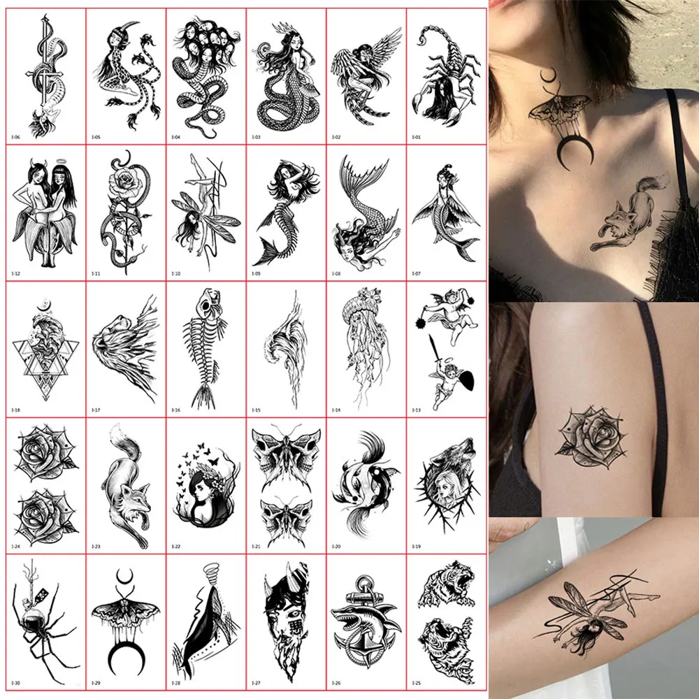 30Pcs Cute Hand Tattoo for Women Men Wolf Fish Bones Butterfly Snake Flower Temporary Tattoos Fake Tattoo Body Art Waterproof