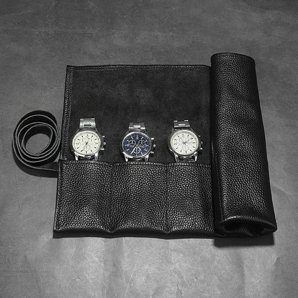 

6 Slots Watch Storage Bag Solid Color Soft Lining Watch Storage Box Black Leather Scratch Resistant Roll up Watch Bag Travel