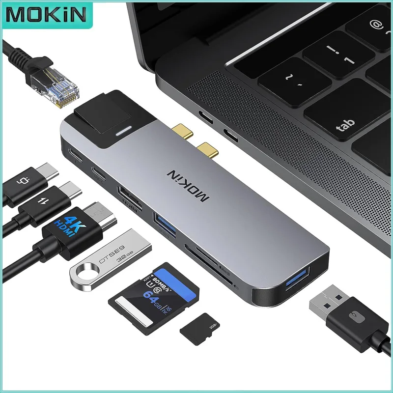 MOKiN 8 in 2 USB C Hub Docking Station USB Type-C 3.0 HDMI 4K30Hz RJ45 1Gbps for MacBook Air/Pro Thunderbolt Laptop