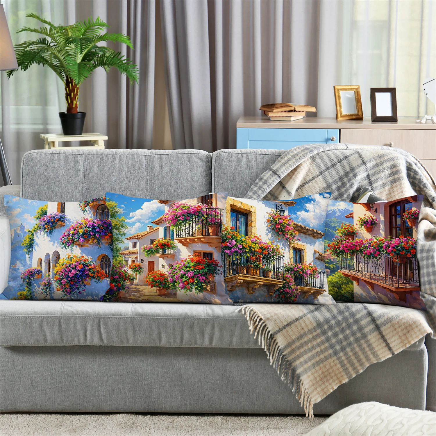 Mediterranean stained glass pattern  printing pillow cover Short plush Suitable living rooms bedrooms sofas throw cushion cover