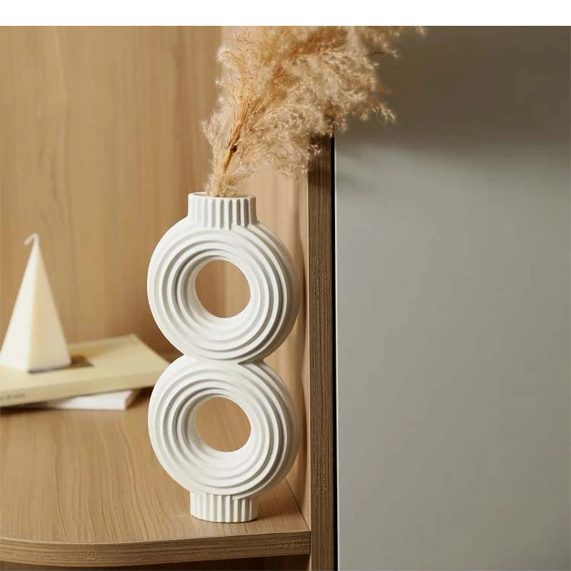 Ceramic Vase White Stripes Geometric Cut-outs Irregular Ornaments Flower Arrangement Accessories Room Decoration