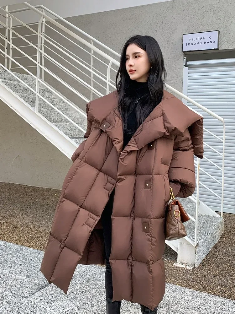 New Puff Sense Down Jacket Women Fashion White Duck Down Thickened Warm Puffer Jacket Mid-length Lapel Hooded Loose Thin Coat