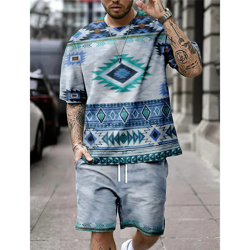 Summer Retro ethnic Style Men\'s Shorts Sets Casual T Shirts+Shorts 2PCS Outfits 3D Print Man Clothes Oversized O-Neck Sportswear