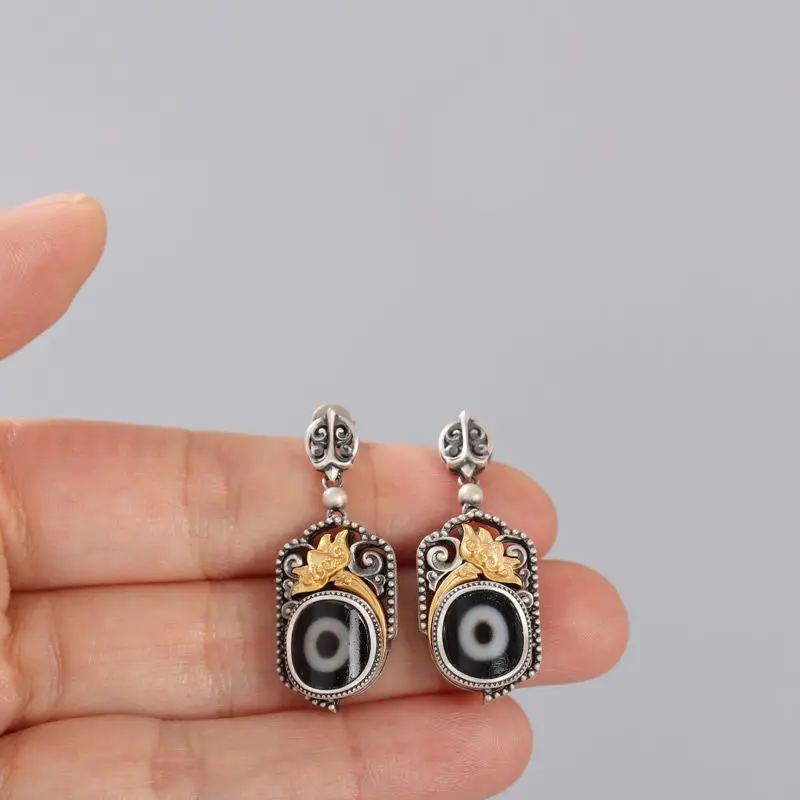 

Ретро серебряные инкрустированные серьги из бисера Дзи в тибетском этническом стиле, ювелирные изделия