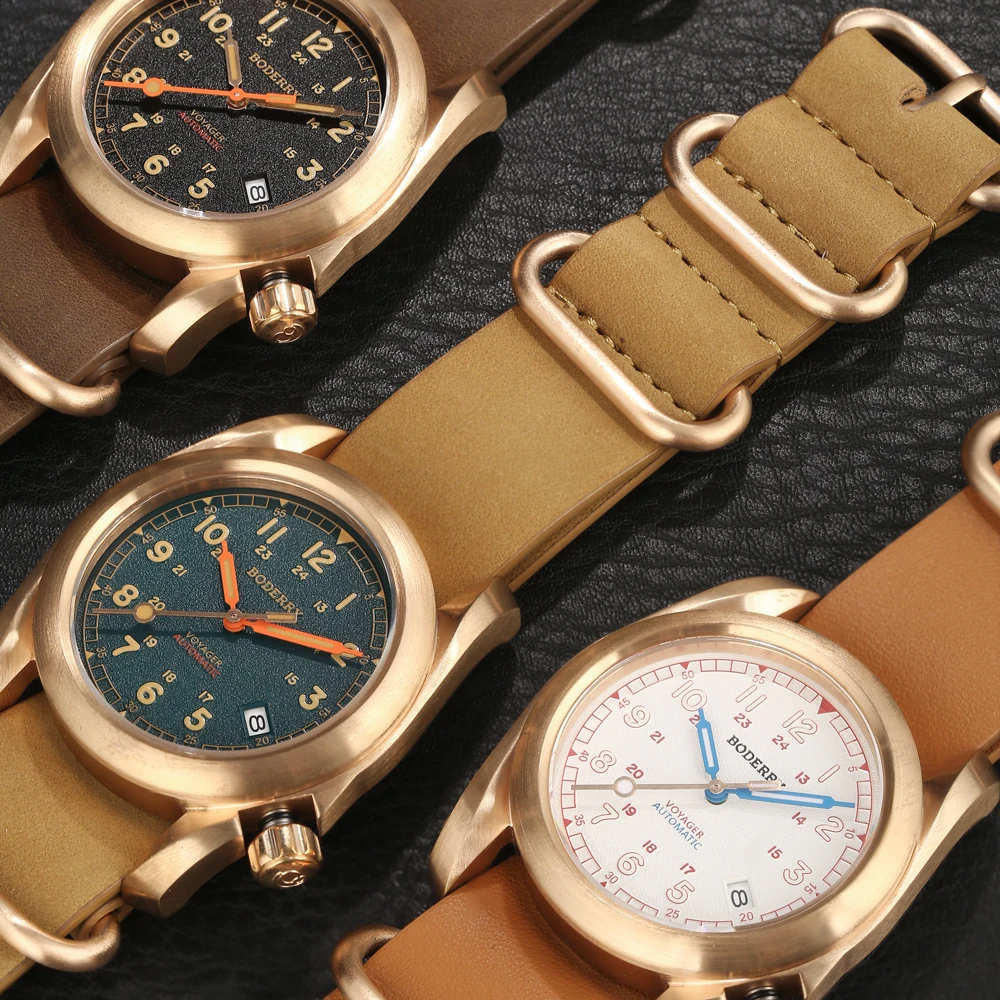 Relojes Boderry Field, caja de bronce, reloj mecánico automático VOYAGER, reloj impermeable de 100M para hombre, reloj de pulsera militar de la