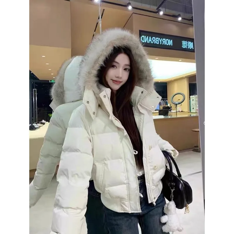 

2025 NEW Autumn Winter Fur Hooded Jacket Women Outerwear Thick Cotton Padded Slim Short Parkas Female Cropped Puffer Bubble Coa