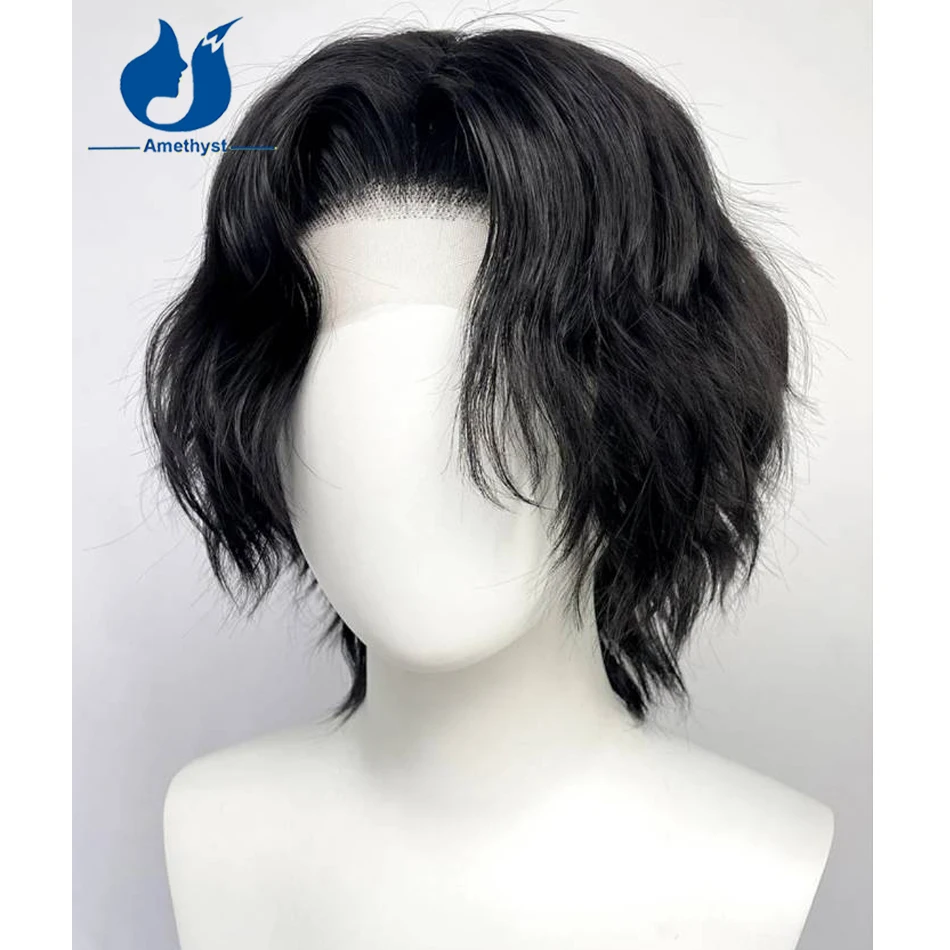 Amethyst Black Wavy Lace Front Men's Wig Brazilian Remy Hair Middle Part Prestyled 13x6 Frontal Short Wolf Cut Wig for Male