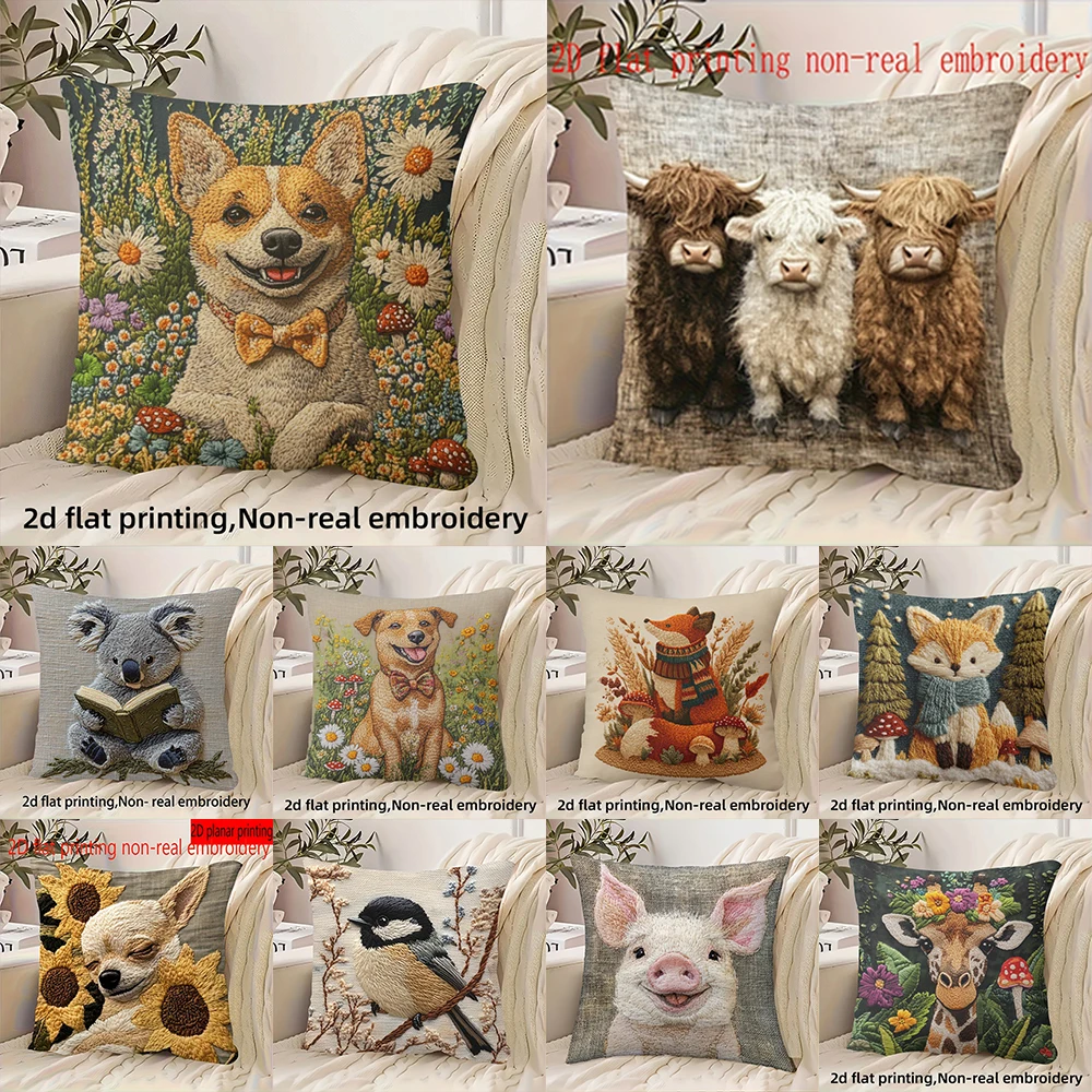 Adorable 2D Flat-Printed Non-Real Embroidery Animal-Patterned Pillowcases! Sofa seat mattress cover,home decoration