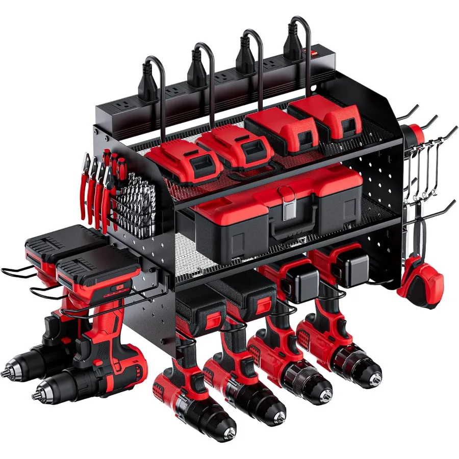 TRZZ Power Tool Organizer Wall Mount 3-Layer Charging Station with 8 Outlets 6 Drill Holders and Drill Bit Rack Efficient and O