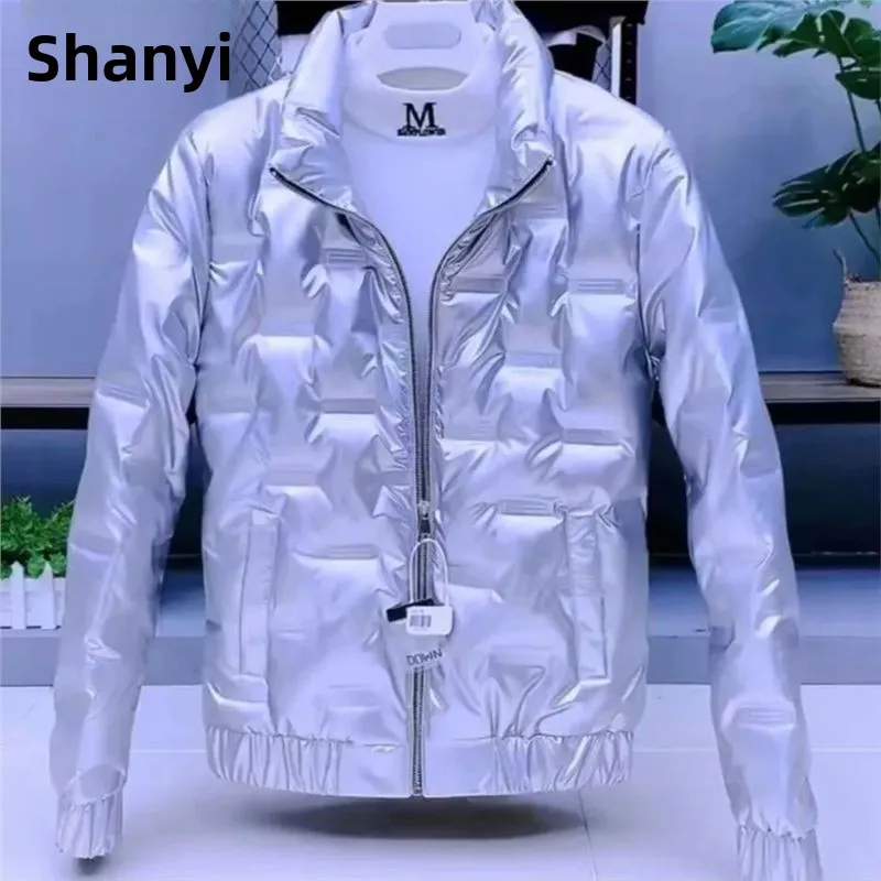 

Trendy Men's down Cotton Jaet Stand Collar Slim Fit Bright Leather Surface Silver Color ort Sle No Hoodie Knot