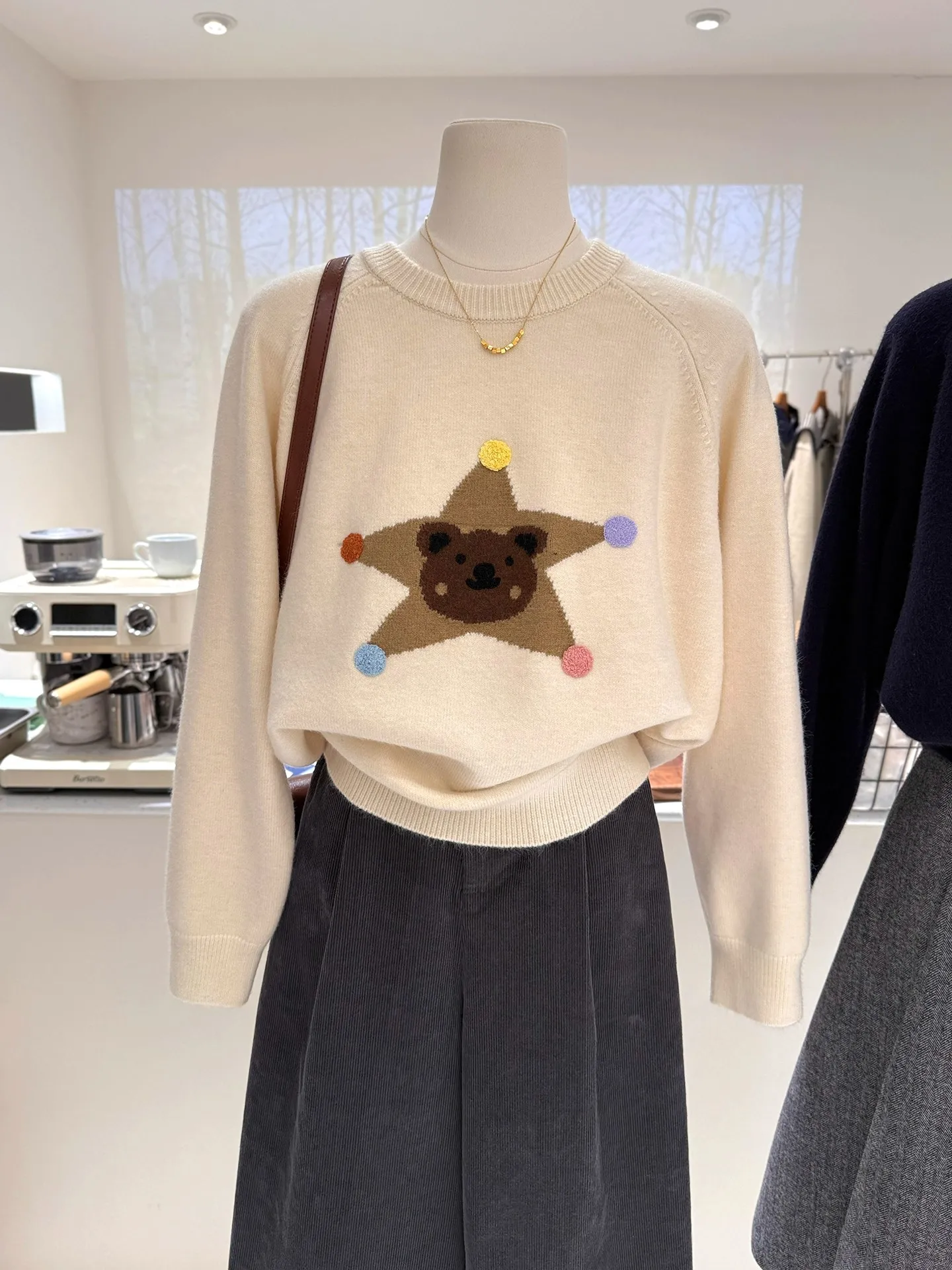 Retro Korean Sle Women's Knitted Sweater round Ne Loose Fit Soft Cozy Cartoon Bear Star Print Autumn Winter New Arrival