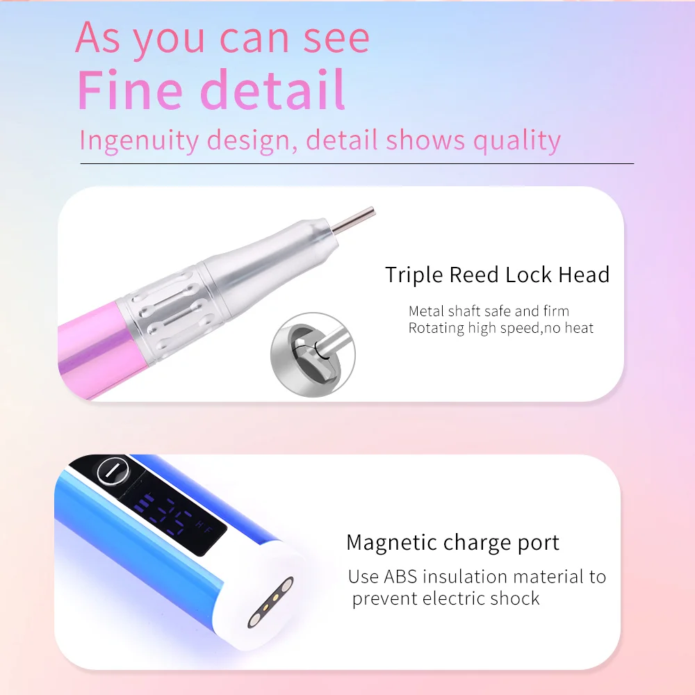 65W Professional 35000 RPM New Color Cordless Ultra Smooth Coreless Motor Portable Nail Drill Pen With Charging Base