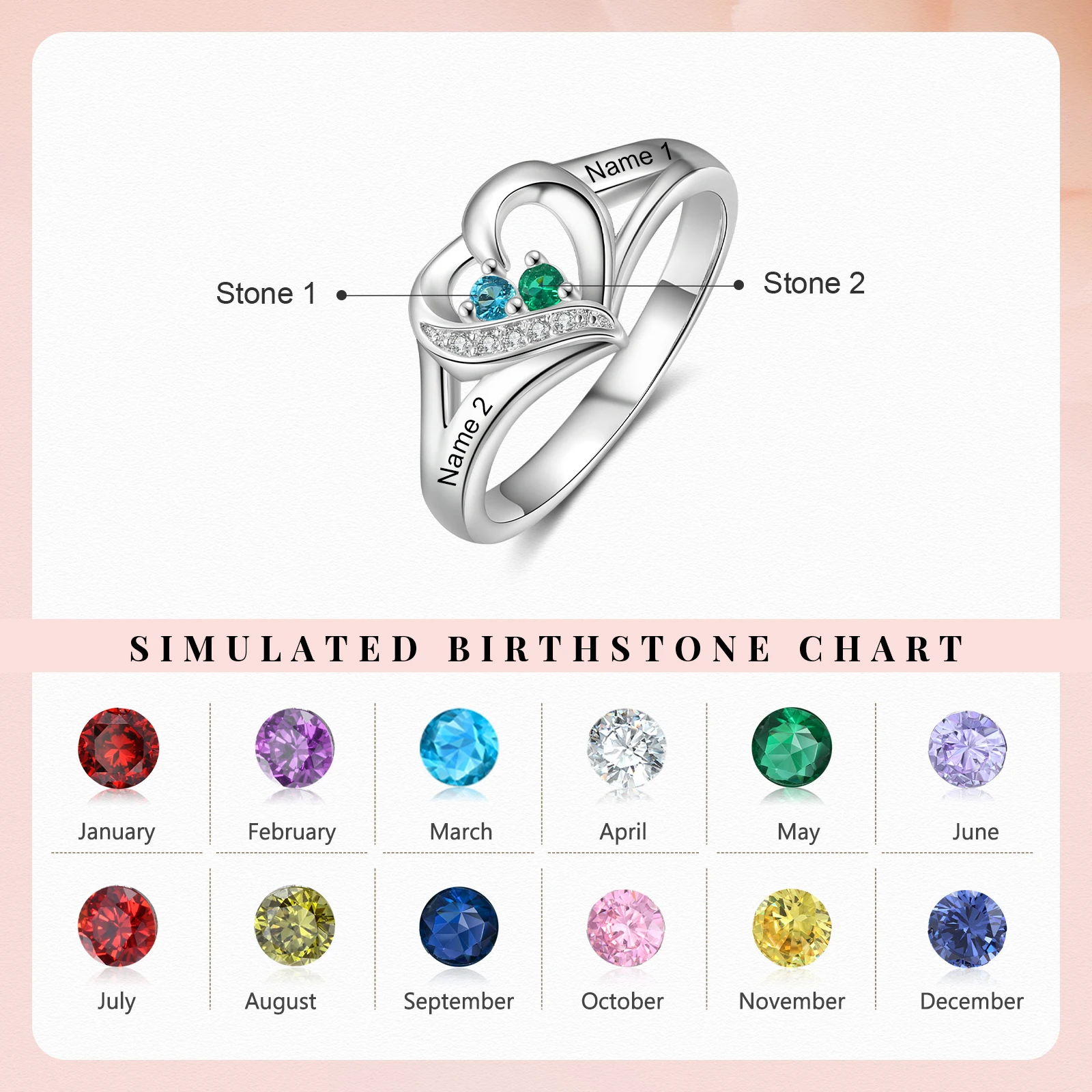 Valentines Day Gift Personalized Love Heart Ring with 2- 5 Family Birthstones Custom Name Engraved Rings for Women Birthday Gift