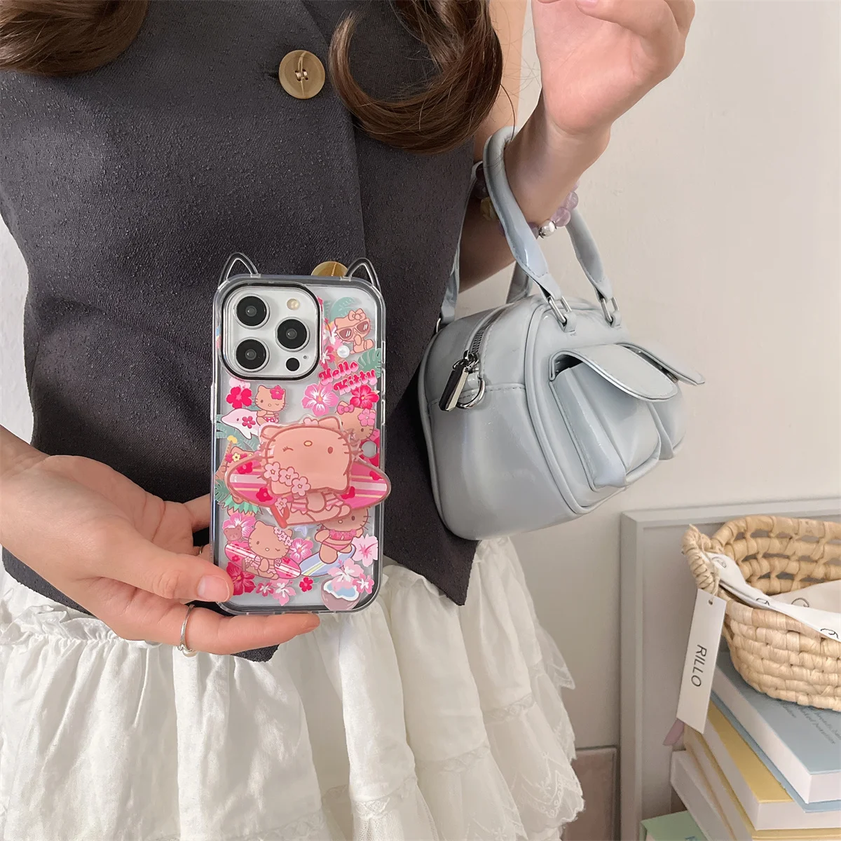

New Cartoon border surfing Black Kitty rotating stand Phone Case For iPhone 16 15 14 13 Pro Max fundas Protective cover
