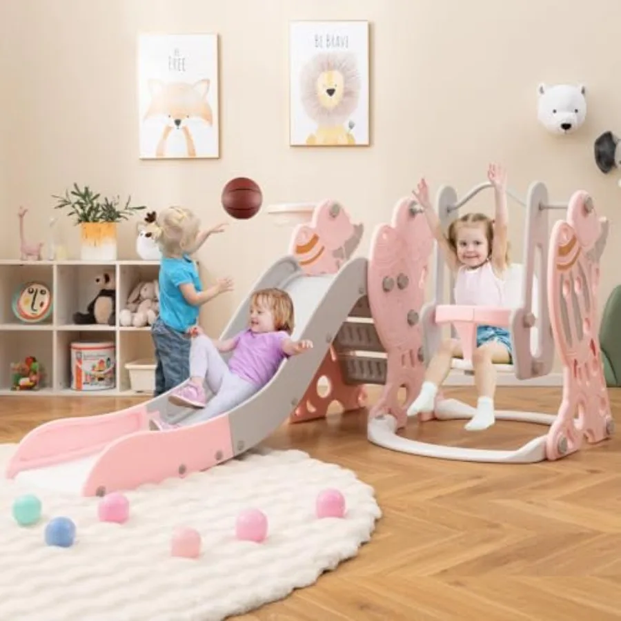 

4 in 1 Toddler Slide and Swing Set Rocket Indoor Outdoor Pink Baby Swing with Slide Swing Climber Basketball Hoop and Ball Clim