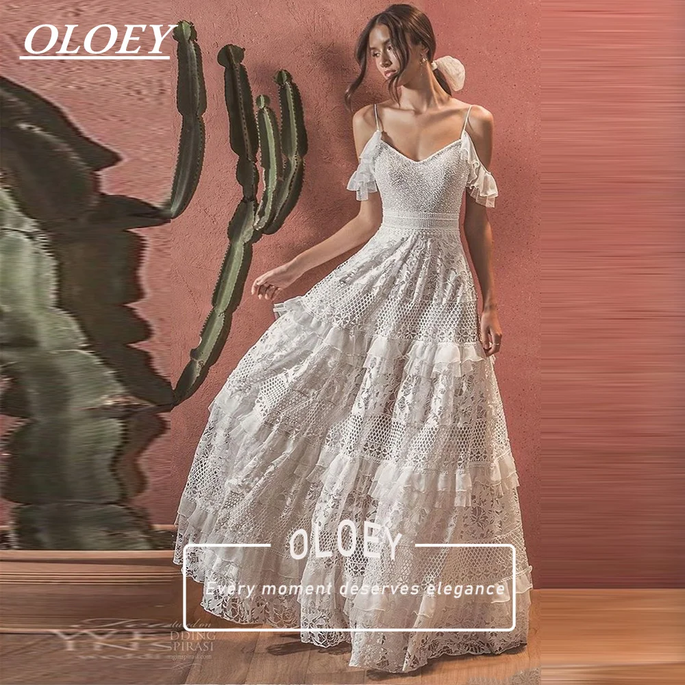 OLOEY Elegant Lace A-Line Boho Wedding Dress Tiered Lace Tulle Spaghetti Strap V Neck Bridal Gown Robe De Mariage Customized